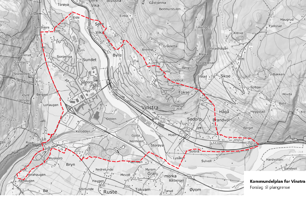 Kart plangrense for kommunedelplan for Vinstra - Klikk for stort bilete